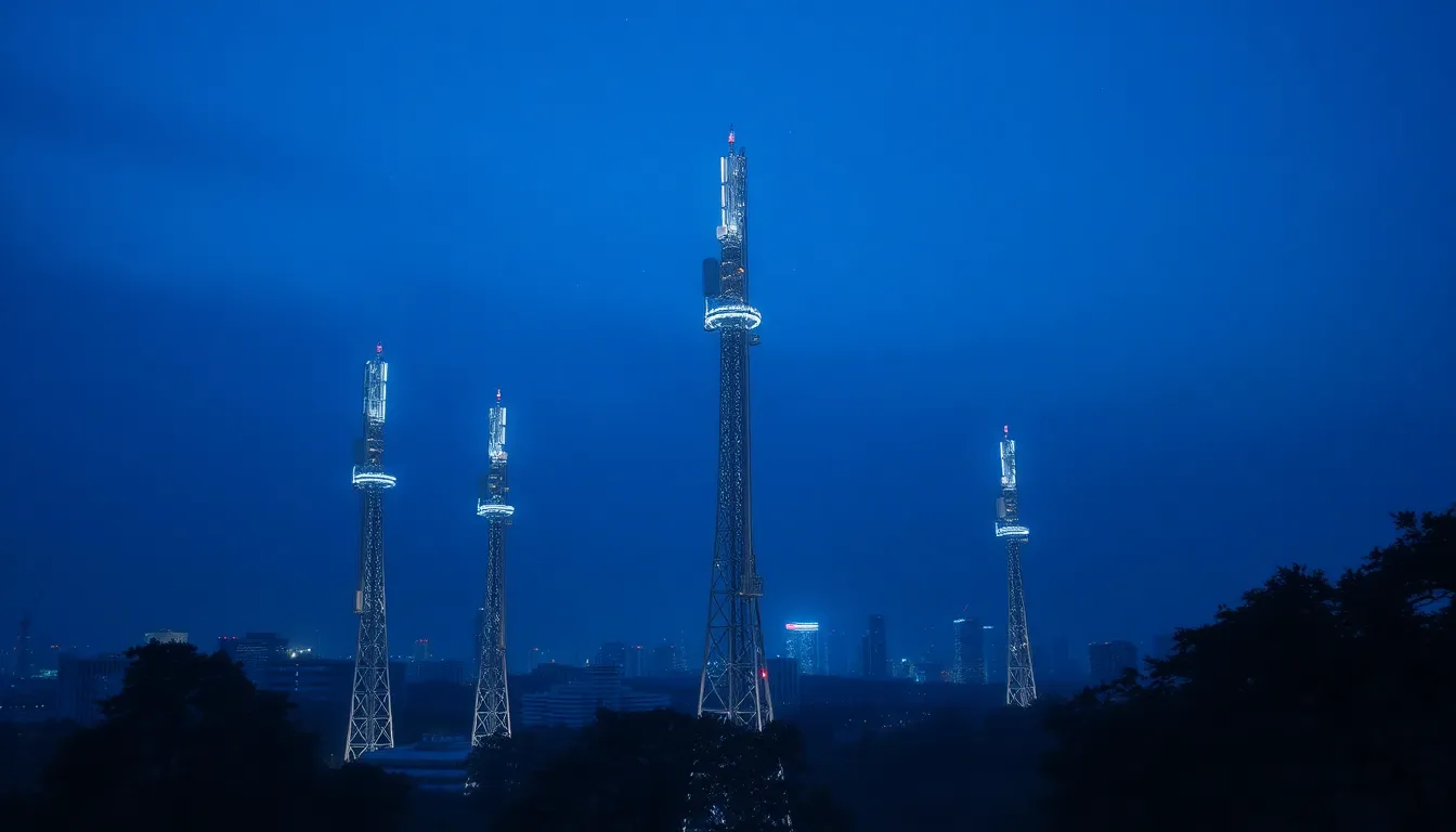 This stunning photograph captures a futuristic cityscape adorned with sleek 5G towers illuminated at twilight. The deep blue sky transitions into a tapestry of stars, enhancing the modernity of the scene. The symmetrical composition centers on the towers, symbolizing the advancement of technology while harmonizing with nature. The intricate textures of the towers juxtaposed with the gentle organic shapes of trees create a visually appealing narrative of modern architecture.