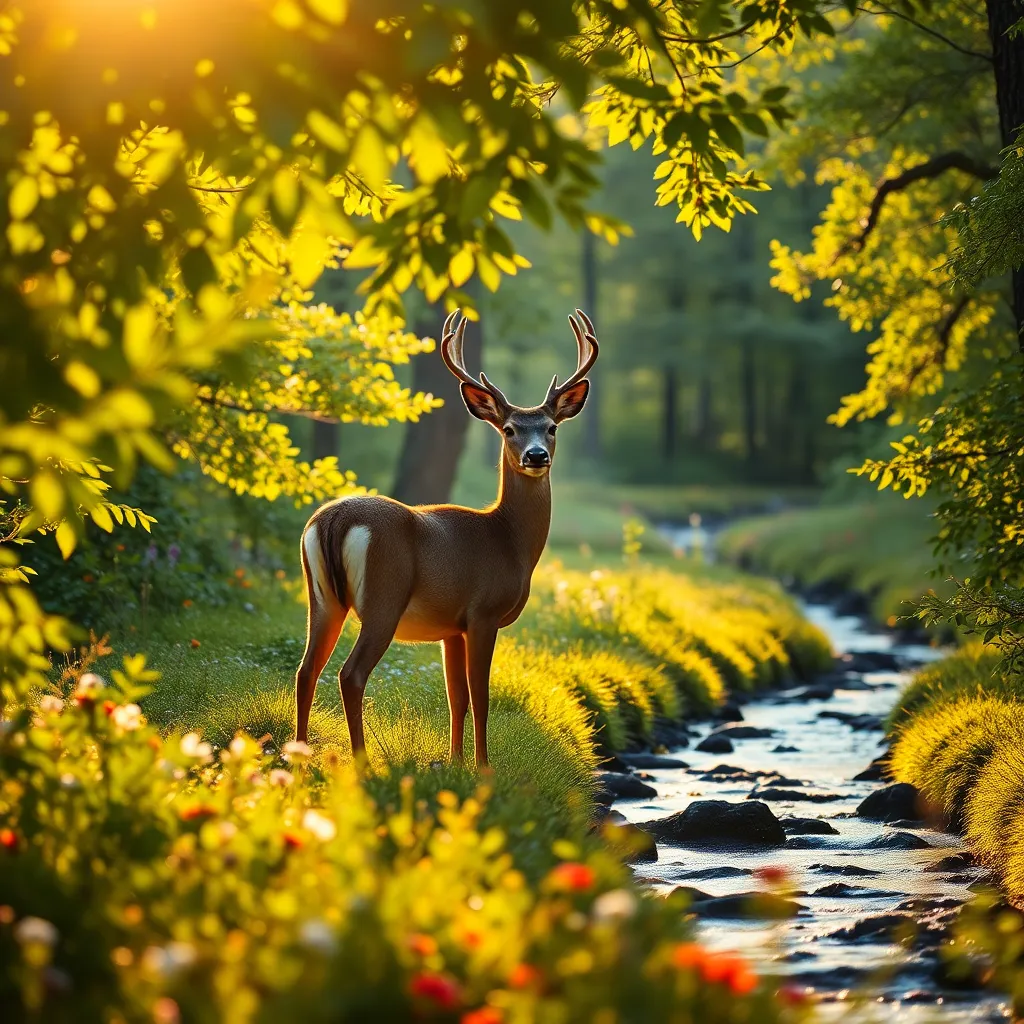 Deer in Sunlit Forest by Stream