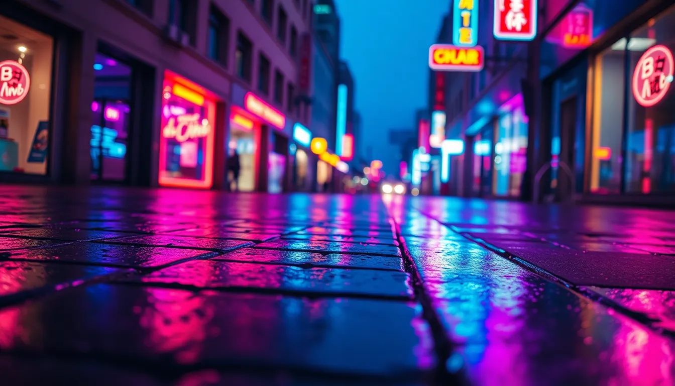 Neon Reflections on Rainy Pavement