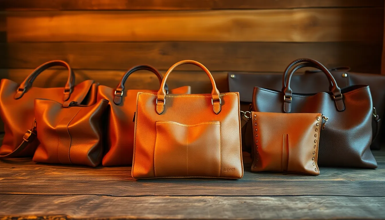 This inviting image showcases a collection of handmade leather handbags displayed on a rustic wooden table, illuminated by warm tungsten light. The rich earthy tones create a cozy atmosphere, highlighting the detailed craftsmanship of each bag. The sharp focus on textures ensures viewers appreciate the quality and uniqueness of these fashion accessories. The composition invites the viewer's eye to explore the arrangement, making it ideal for artisanal product marketing.