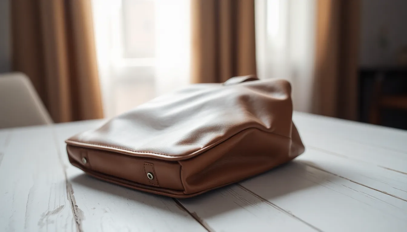 This image captures a vintage leather handbag elegantly placed on a weathered white wooden table. Soft, diffused daylight highlights the rich textures of the leather, emphasizing its timeless beauty. The muted color palette and creamy bokeh in the background create a warm, inviting mood. The unique angle of the composition accentuates the handbag's design details, making it an appealing visual for fashion enthusiasts.