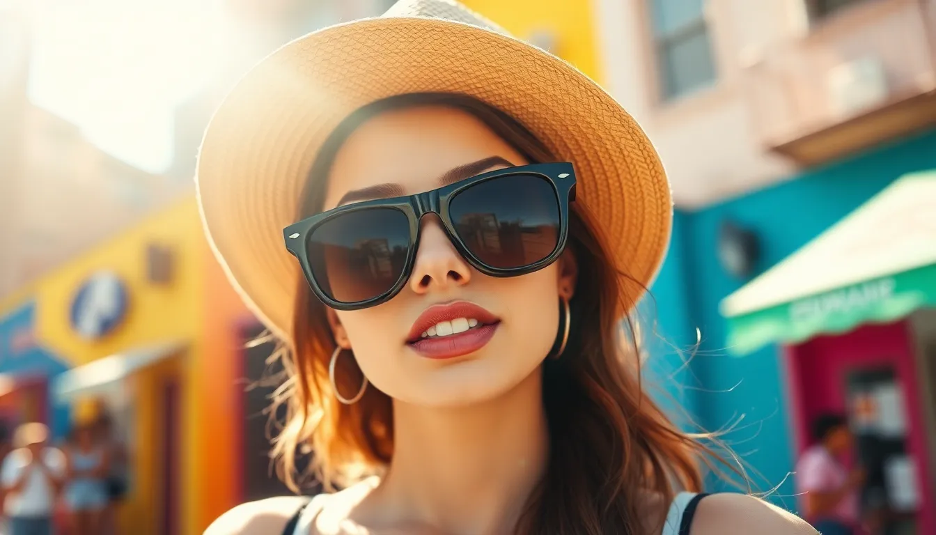This energetic image features a fashion model showcasing oversized sunglasses and a chic hat amidst a vibrant urban backdrop. Captured in bright sunlight, the scene exudes a lively summer vibe, enhanced by the bold colors surrounding her. A shallow depth of field brings focus to the model's confident expression and stylish accessories, while the colors create a striking contrast. The composition cleverly adheres to the rule of thirds, adding a refreshing dynamic that captures the essence of modern fashion.