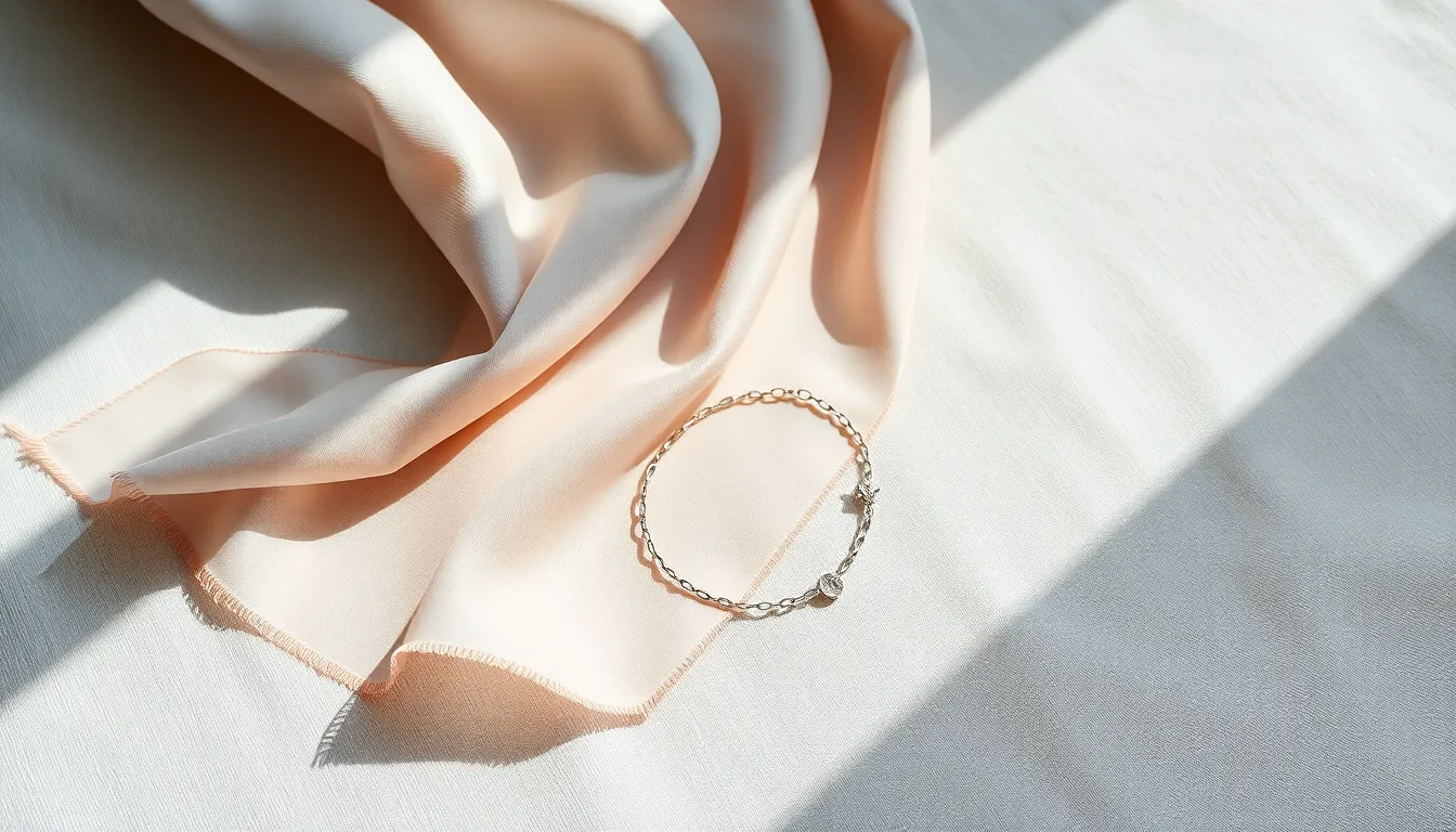 This serene image features a beautiful arrangement of a silk scarf and delicate silver bracelet set against a soft linen background. Natural light gently illuminates the textures, creating a harmonious blend of soft pastels and metallic tones. The shallow depth of field emphasizes the details of the accessories, while the centered layout draws the viewer's attention. It's a perfect visual for showcasing elegance in fashion accessories.