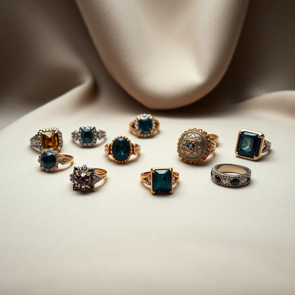 This captivating image presents a stylish collection of statement rings displayed elegantly on soft velvet fabric. The studio lighting illuminates the unique designs of each ring, emphasizing their intricate details. With a muted jewel tone palette, the image exudes luxury and charm, making it perfect for jewelry and accessory showcases. The centered composition ensures each piece is highlighted, providing a stunning visual for potential buyers.