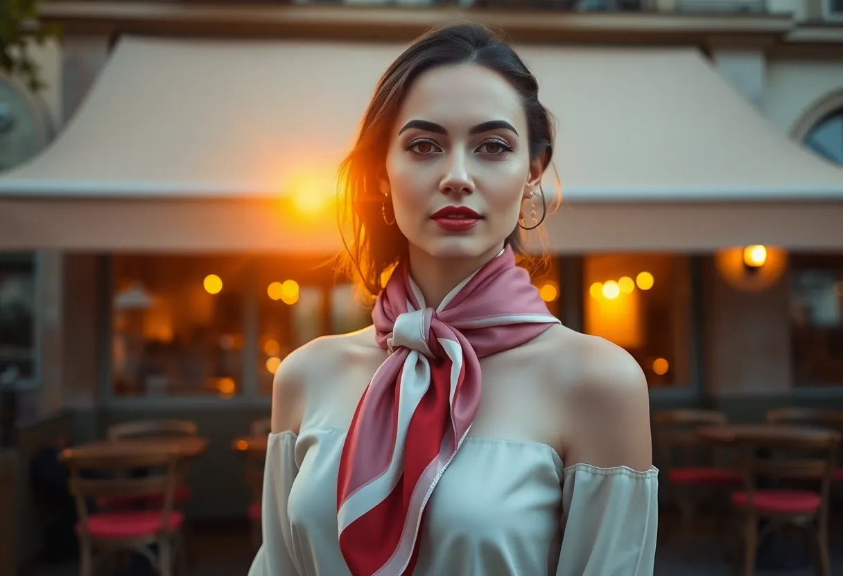 This elegant image features a model styled with a luxurious silk scarf tied around her neck, standing in front of a chic café. The golden hour backlighting enhances the scene with a soft halo effect, drawing attention to the intricate details of the scarf. With a vibrant color palette inspired by Fujifilm Velvia, the composition radiates a lively atmosphere. The thoughtful off-center placement of the model and leading lines from the café create an inviting image perfect for fashion accessories marketing.