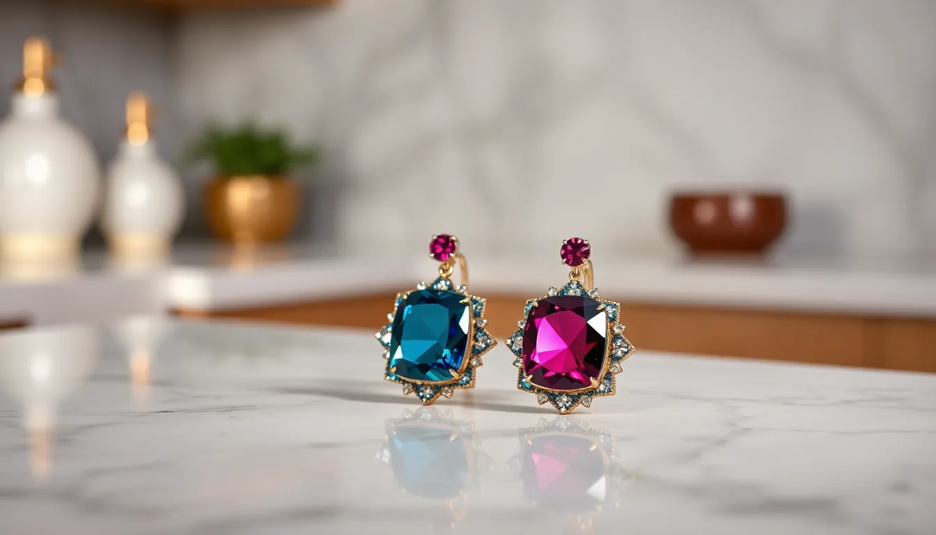 This stunning image showcases a pair of luxurious gemstone earrings elegantly displayed on a sleek marble countertop. The vibrant colors of the gemstones pop against the cool tones of the marble, highlighting their exquisite craftsmanship. A well-executed three-point lighting setup creates soft highlights and minimizes shadows, adding depth to the scene. The centered composition draws the viewer's attention to the intricate details of the earrings, making it perfect for high-end accessory marketing.