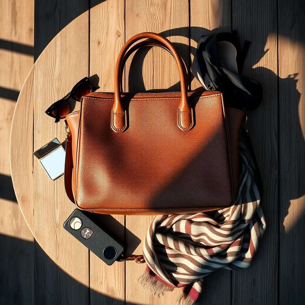 Chic Handbag with Accessories on Wooden Table