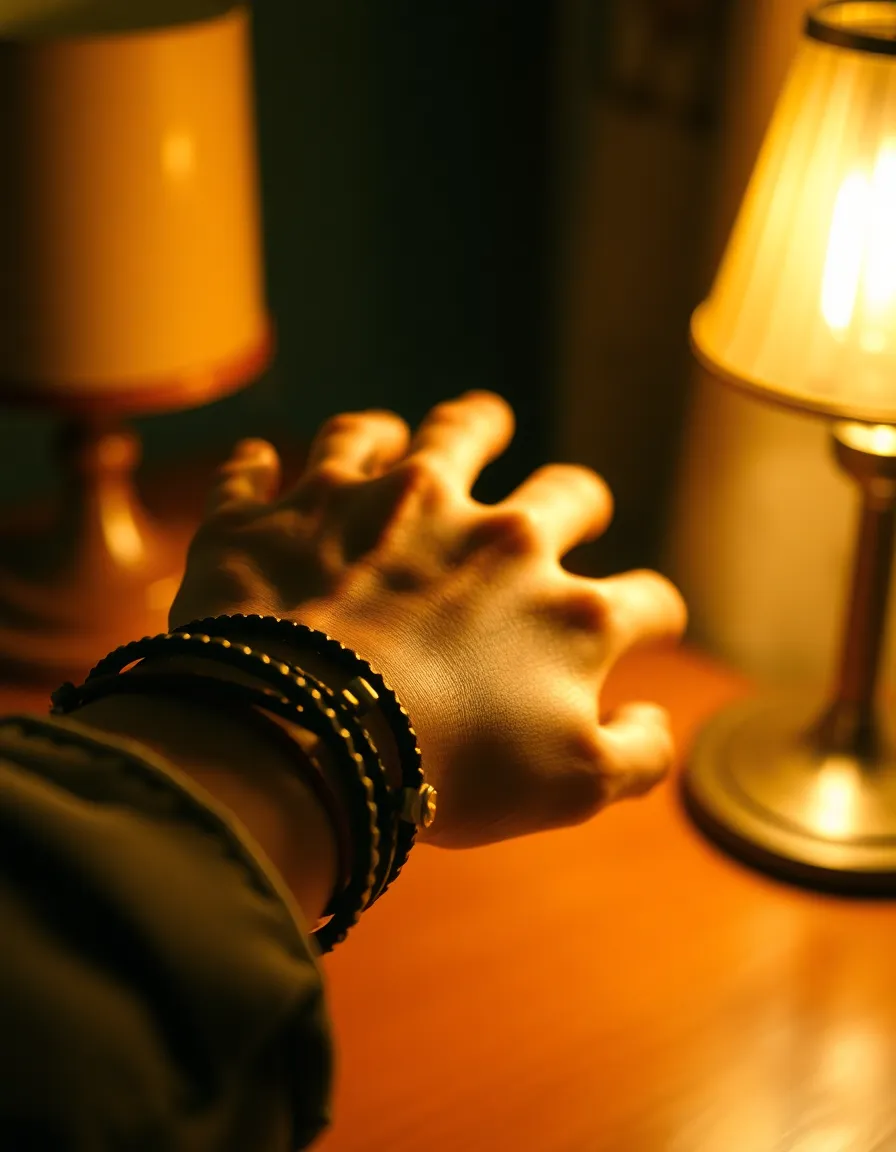 This striking close-up features a hand adorned with an eclectic mix of leather and metal bracelets, illuminated by the warm glow of a vintage lamp. The dramatic shadows and textures are beautifully highlighted, creating an intimate and artistic portrayal of personal accessories. The use of shallow depth of field draws attention to the intricate details of the bracelets, while soft skin tones provide a warm and inviting atmosphere. The composition is balanced, adhering to the rule of thirds for visual interest.