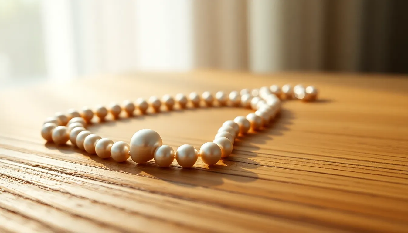Elegant Pearl Necklace on Rustic Wood This close-up image showcases a beautiful pearl necklace resting on a textured wooden surface. Soft daylight highlights the natural sheen of the pearls, while the shallow depth of field creates a dreamy background. The warm tones evoke a sense of elegance and luxury, making it perfect for fashion and beauty accessories. The careful composition draws the eye to the intricate details of the necklace against the rustic backdrop.