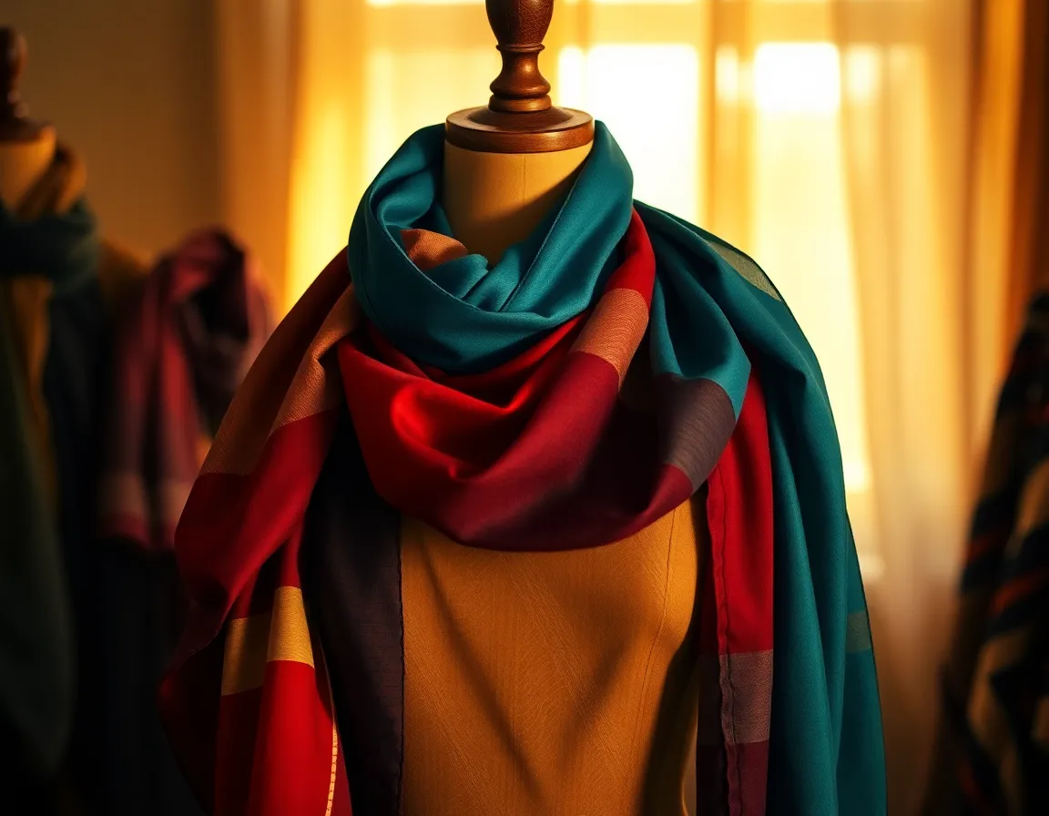 This striking image showcases a collection of vibrant scarves displayed on a rustic wooden mannequin. The warm lighting enhances the rich colors and textures of the fabrics, creating an inviting atmosphere. The soft bokeh in the background draws focus to the scarves, making this image a perfect capture for fashion enthusiasts.