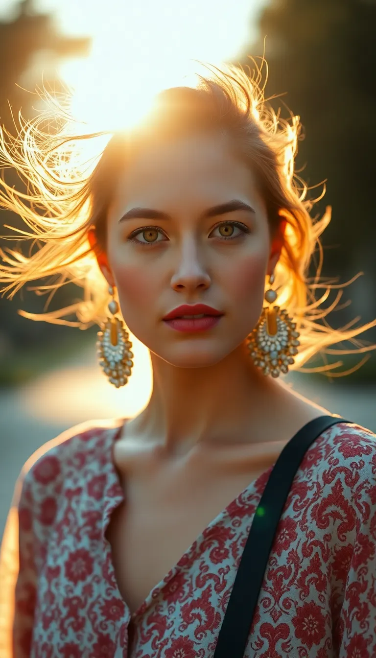 In this vibrant image, a young woman gracefully poses with the sun setting behind her, creating a stunning halo effect. She wears large, eye-catching statement earrings that complement her chic patterned blouse. The natural golden hour light enhances the warm tones of her skin, while a cinematic teal and orange color grading adds depth to the overall mood. The shallow depth of field draws attention to her expressive eyes and beautifully blurs the background, capturing a moment of effortless style and elegance.