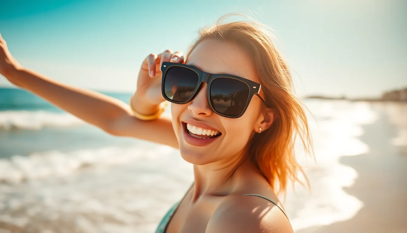This vibrant image captures a young woman with oversized sunglasses enjoying a sunny day at the beach. The bright sunlight creates lively highlights and soft shadows, evoking a cheerful summer mood. With a shallow depth of field emphasizing her expressive features, the scene is surrounded by a beautiful bokeh of ocean waves in the background. The bright blues and warm skin tones evoke a sense of joy and freedom, making it a perfect summer accessory shot.
