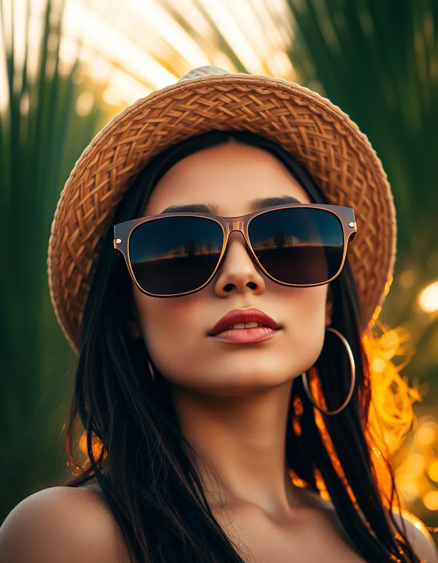 In this vibrant portrait, a model exudes confidence while wearing oversized sunglasses and a stylish straw hat. Set against a lush palm tree backdrop, the golden hour lighting creates a warm and inviting atmosphere. The image captures her expressive eyes with a softly blurred background, emphasizing the fashion accessories and their playful elegance. The warm Kodak Portra color palette enhances the skin tones, making this an ideal image for fashion and beauty campaigns.