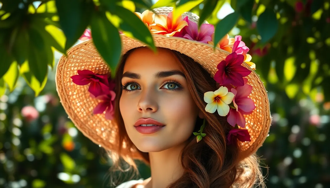 This vibrant image showcases a model in a colorful summer hat adorned with flowers, set against a lush garden backdrop. The natural daylight creates a playful interplay of light and shadows, enhancing the vivid colors of the scene. The shallow depth of field highlights the model's expression while softening the surrounding blooms, resulting in a joyful and lively atmosphere perfect for summer fashion accessories.