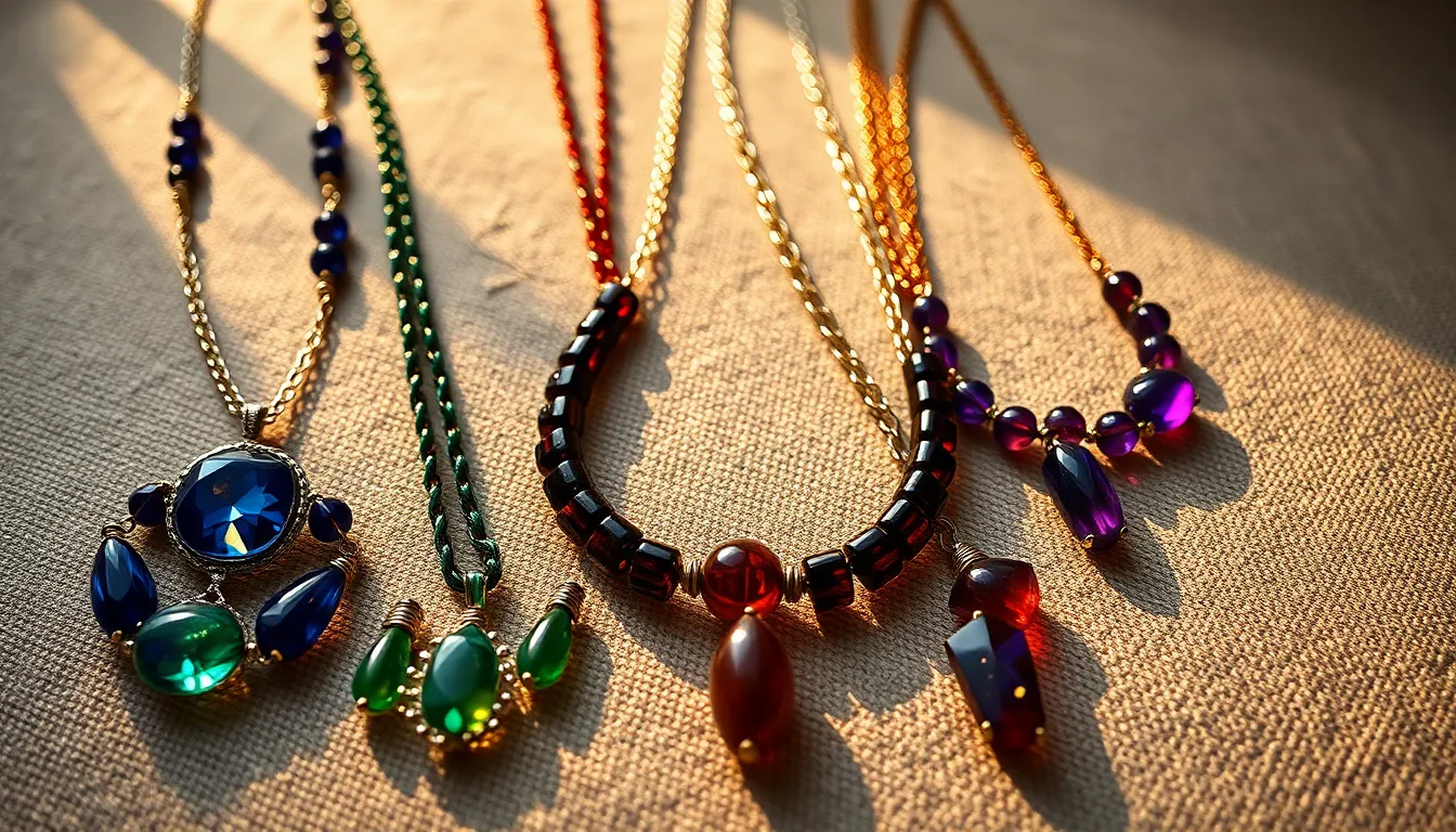 This vibrant photograph showcases a collection of statement necklaces arranged artfully on a textured linen background. The warm ambient light highlights the intricate designs and rich colors of the jewelry, creating an eye-catching visual. The shallow depth of field draws attention to the necklaces, while the natural tones of the linen ground the composition. This image is perfect for fashion and jewelry marketing, emphasizing bold accessory choices.