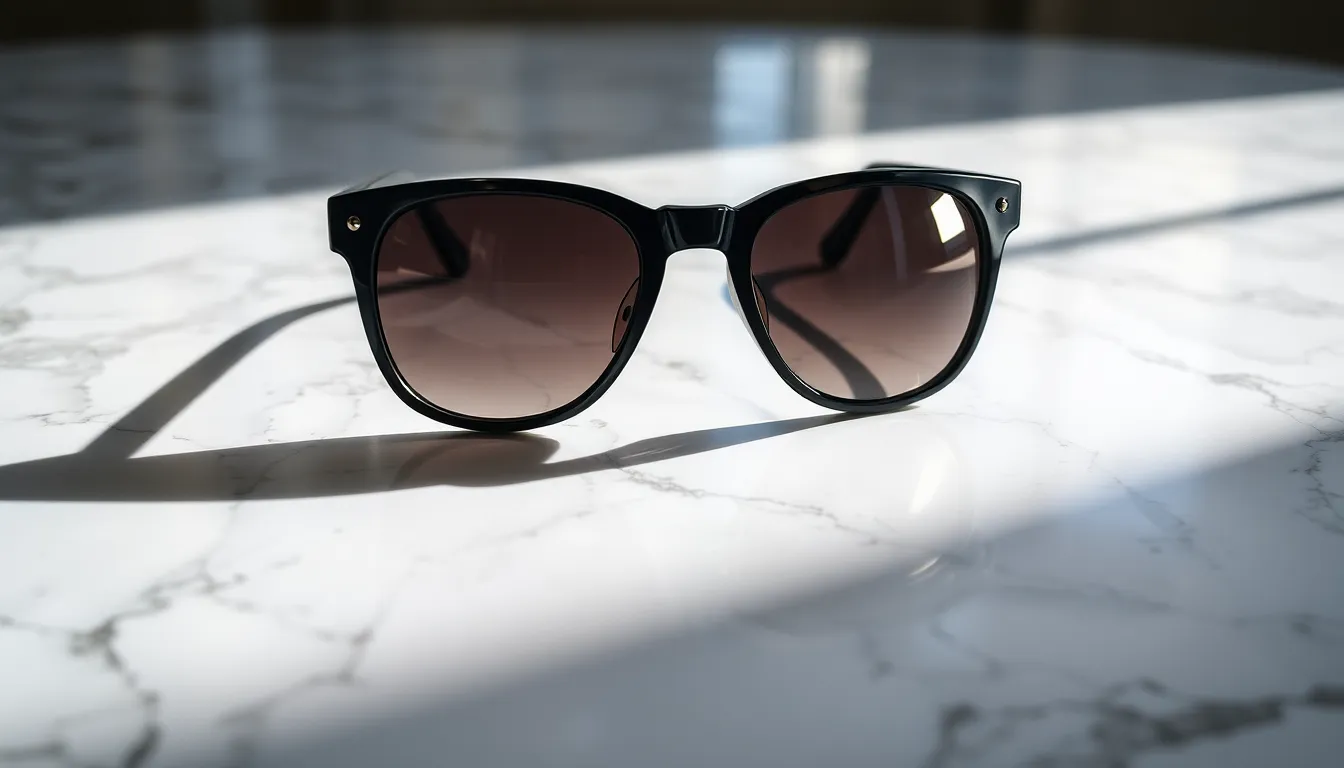 This image captures a stylish pair of sunglasses elegantly placed on a luxurious marble surface. The bright natural light creates reflections that enhance the glossy lenses, adding depth to the composition. The clean lines and sleek design of the sunglasses stand out against the smooth marble texture, exuding sophistication. This photograph is perfect for fashion retailers looking to showcase accessories with a modern touch.