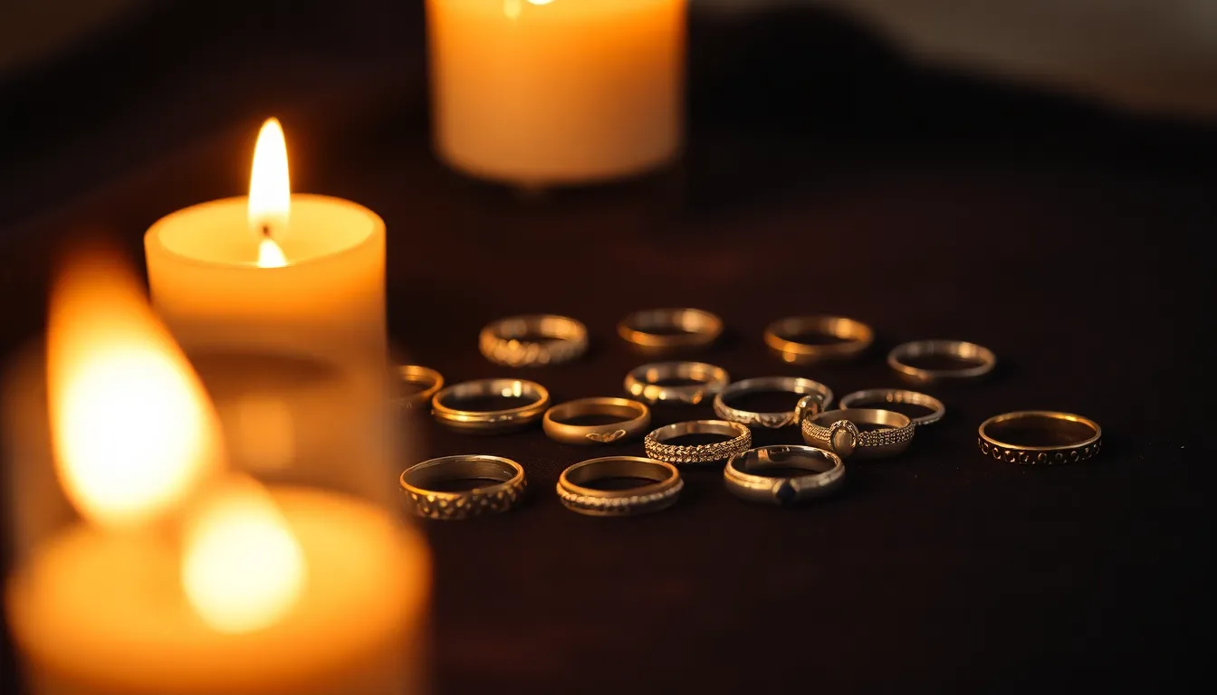 This intimate image features a stunning arrangement of vintage rings softly illuminated by the warm glow of candlelight against a dark velvet surface. The flickering shadows enhance the cozy ambiance, while the muted color palette highlights the exquisite details of the jewelry. The shallow depth of field draws attention to the rings, creating a captivating focal point that embodies elegance in fashion accessories.