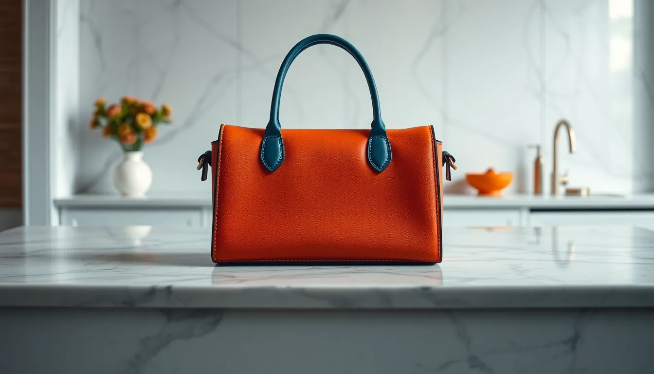 Luxurious Leather Handbag on Marble Countertop