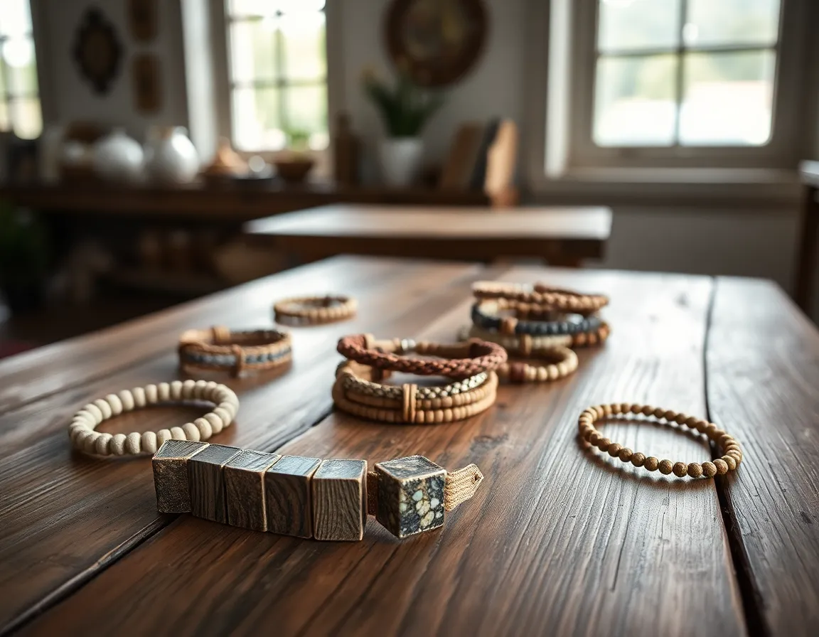 This image presents a stunning collection of handmade bracelets elegantly displayed on a rustic wooden table. Soft diffused daylight enhances the unique textures and craftsmanship of each piece, inviting admiration. With a hyperfocal depth of field ensuring clarity throughout, the muted color tones create a harmonious and earthy atmosphere. The centered composition draws attention to the exquisite details of the bracelets, making it an enticing accessory shot.