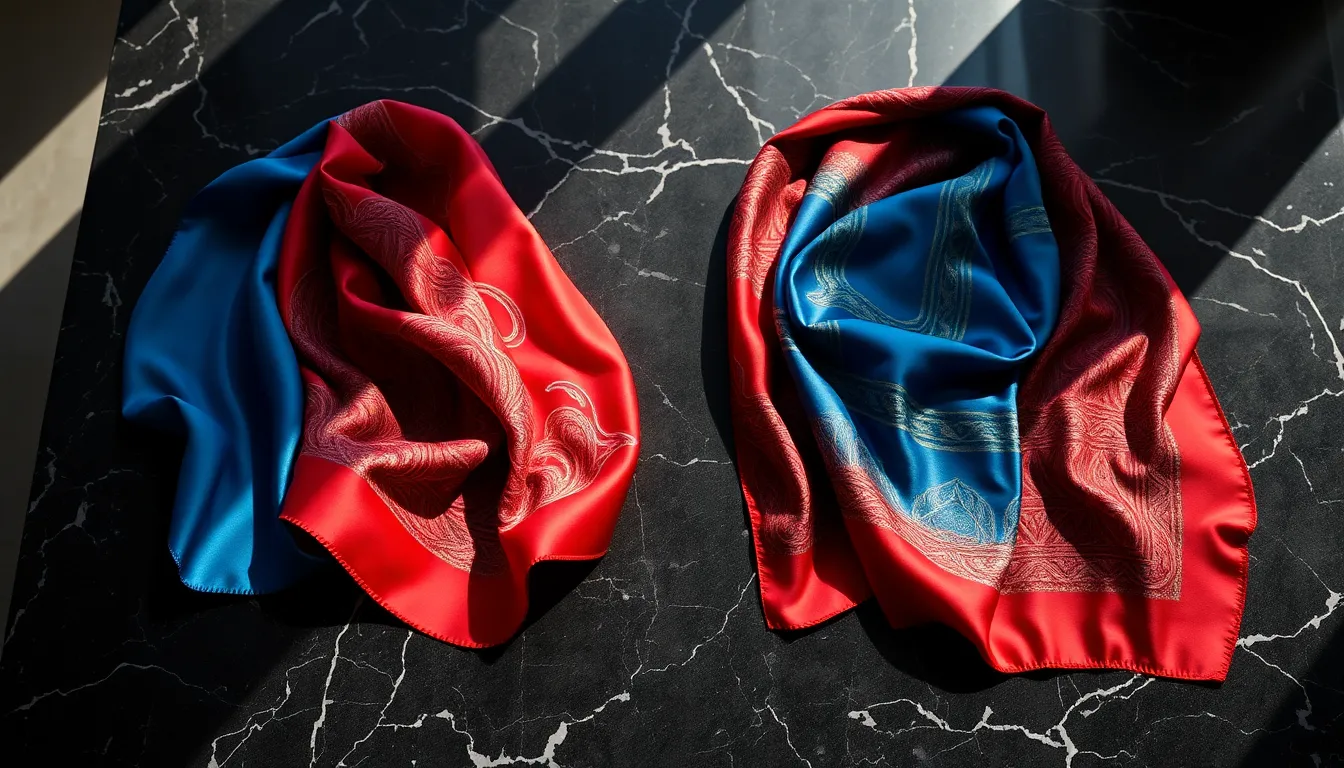 Luxurious Silk Scarves on Marble Table This exquisite image showcases an array of vibrant silk scarves elegantly draped on a textured black marble table. Soft diffused lighting enhances the rich colors and intricate patterns of the scarves, creating a luxurious visual experience. The shallow depth of field keeps the focus on the detailed designs, while the marble backdrop adds sophistication. Ideal for fashion and beauty accessories, this image captures the essence of elegance.