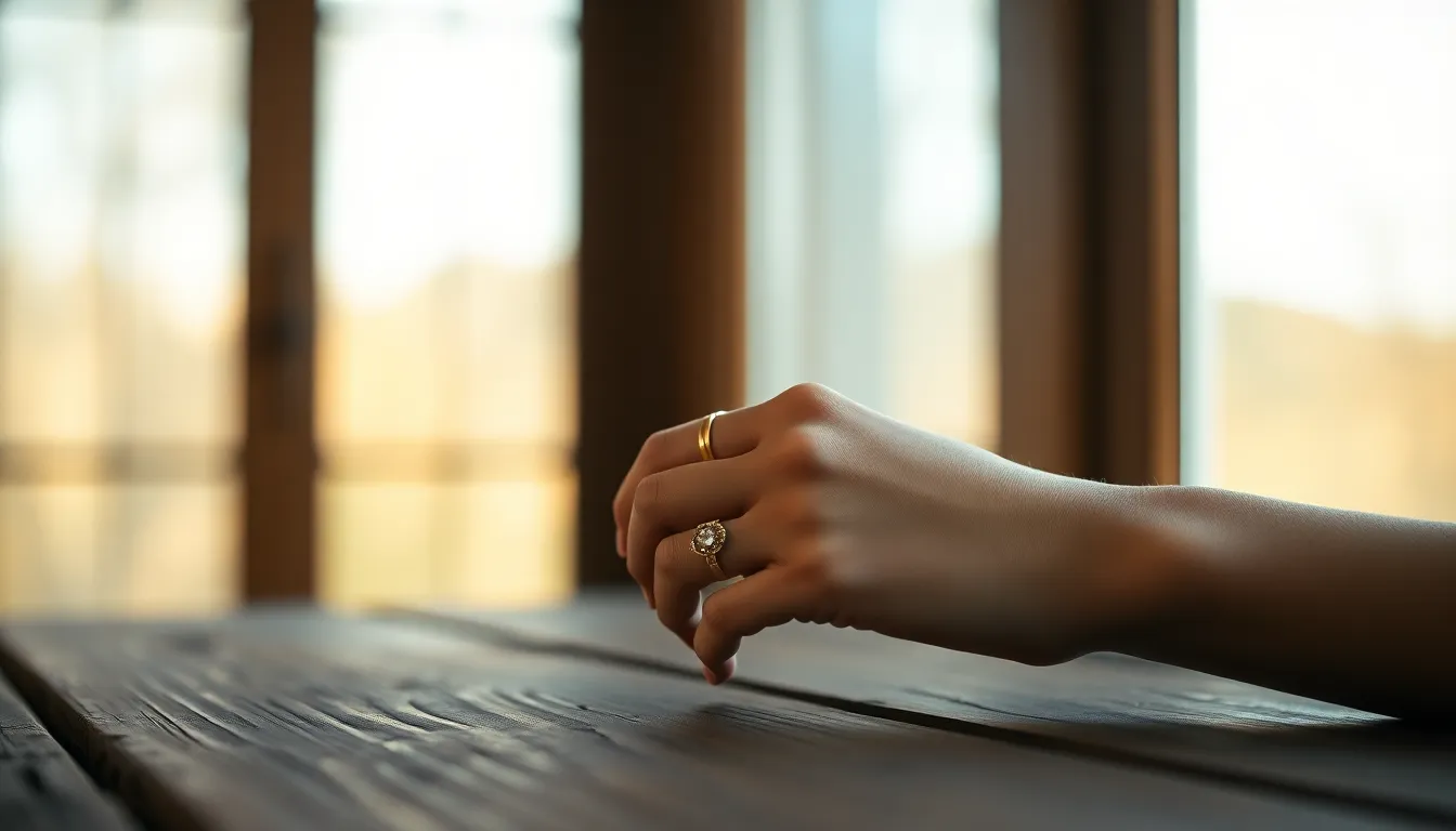 This close-up image features a model's hand adorned with a stunning gold ring, inviting viewers to bask in the elegance of fine jewelry. Soft window light creates a warm and inviting atmosphere, enhancing the intricate details of the ring. The blurred pastel background, combined with the rustic wooden surface, brings a sense of sophistication and tranquility to the scene.