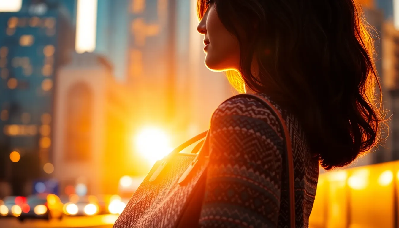This photorealistic image captures a stylish woman in a vibrant urban setting, showcasing her trendy leather handbag. Warm golden hour light envelops the scene, creating a soft glow around her. The shallow depth of field beautifully blurs the city lights, emphasizing the subject's confident pose and fashionable outfit. Autumn tones add warmth, making the image both inviting and dynamic.