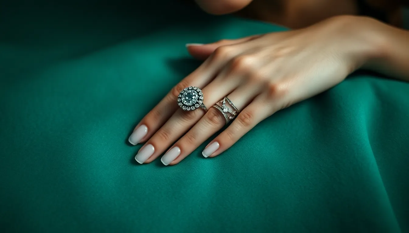 This photorealistic close-up captures the elegance of a silver statement ring, artfully placed on a rich velvet fabric. The soft, diffused light emphasizes the intricate details of the ring while creating a luxurious ambiance. The contrasting cool tones of the silver against deep green velvet evoke a sophisticated mood, making it ideal for fashion accessories. The composition skillfully uses the rule of thirds to draw the viewer's eye to the stunning piece of jewelry.