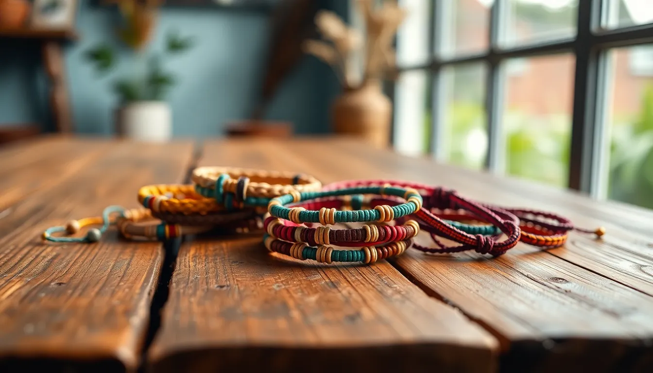 Handmade Bracelets on Textured Wood