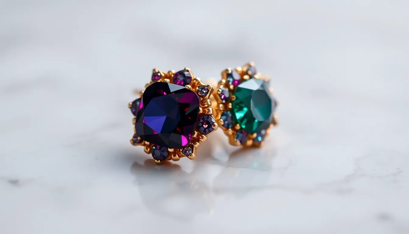An exquisite close-up of luxurious earrings showcasing their detailed craftsmanship and vibrant gemstones, placed carefully on a smooth marble surface. The soft studio lighting enhances their sparkle, while the rich jewel tones convey elegance and sophistication. The striking bokeh draws attention to the earrings, making them the focal point of this luxurious accessory shot. This image is perfect for high-end jewelry marketing.