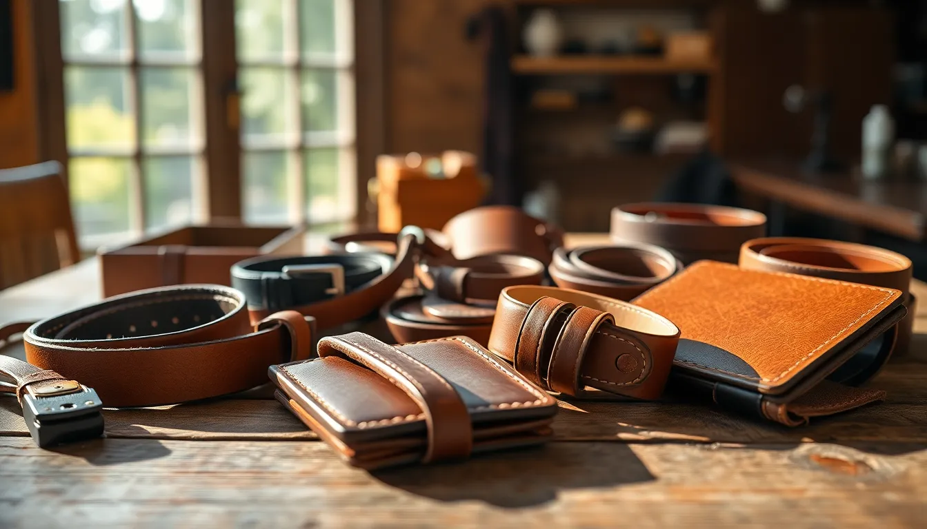 This stunning macro shot captures a collection of handmade leather accessories, showcasing their unique textures and craftsmanship. Arranged artistically on a rustic wooden table, the warm morning light enhances the earth tones of the leather, creating a cozy and inviting atmosphere. The shallow depth of field blurs the background, allowing the details of the accessories to stand out sharply. This image beautifully emphasizes the artisanal quality of the products, making it a perfect fit for fashion and lifestyle branding.
