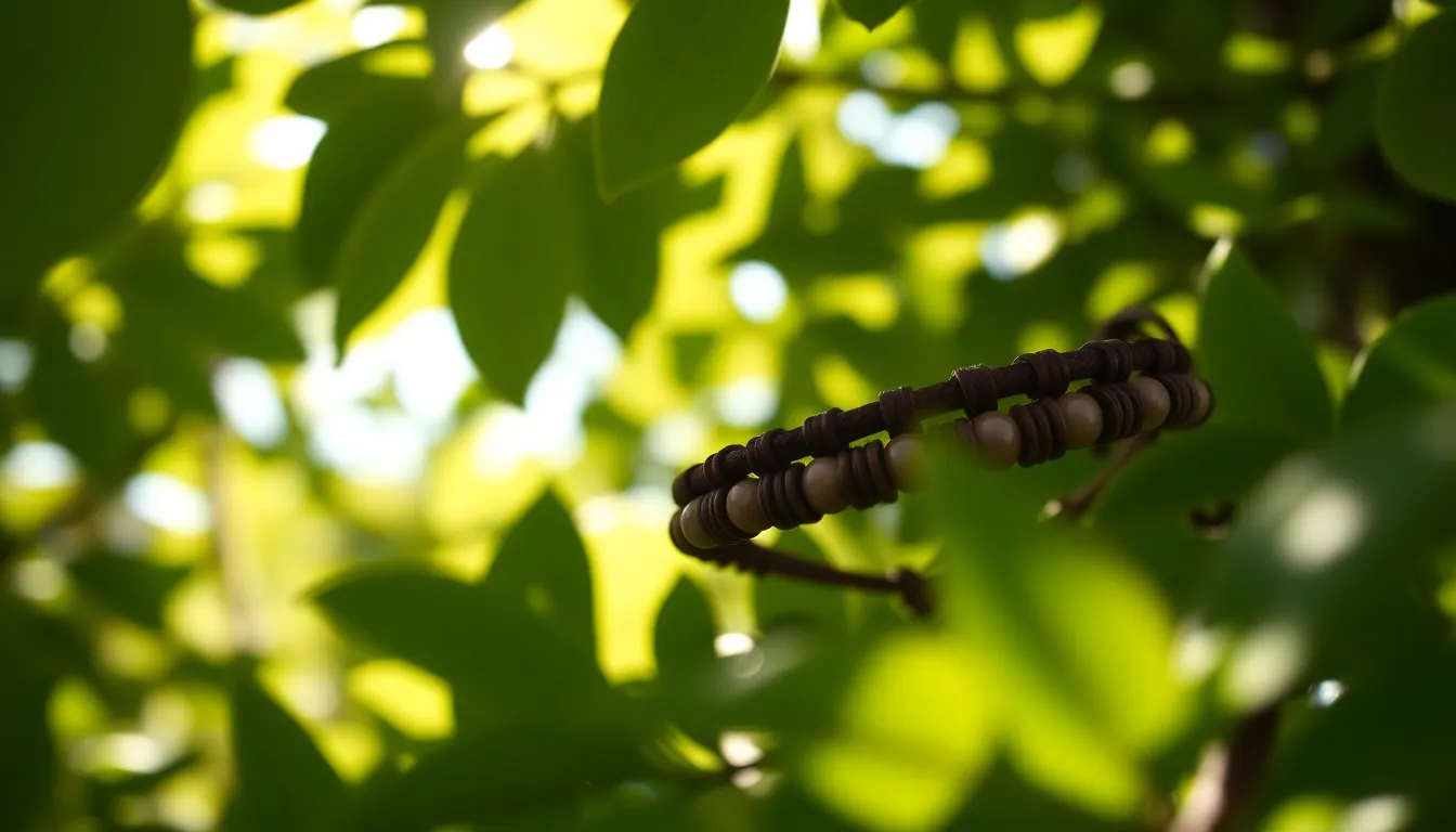 This captivating image showcases a handcrafted leather bracelet nestled among lush greenery. Dappled sunlight filters through the leaves, creating a magical interplay of light and shadow that highlights the bracelet's rich textures. The earthy tones of the leather and beads resonate with the natural setting, inviting viewers to appreciate the beauty of artisanal craftsmanship.