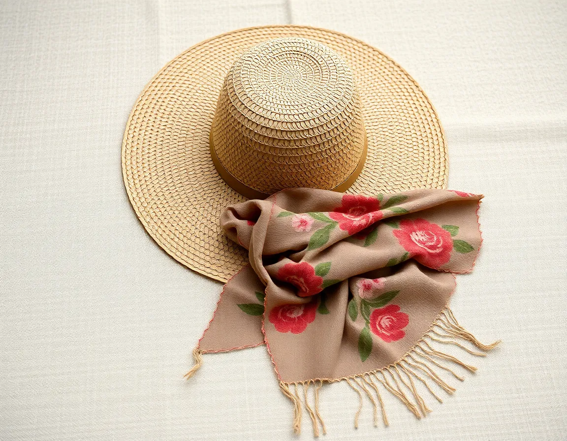 Set against a soft linen background, this image presents a stylish straw hat accompanied by a vibrant floral scarf. Overcast daylight provides gentle illumination, revealing the intricate textures of both accessories without harsh shadows. The natural muted tones create a cohesive look, emphasizing the beauty of the materials. Leading lines in the composition draw the viewer's gaze to the vivid patterns of the scarf, showcasing its design while creating an inviting and relaxed atmosphere.