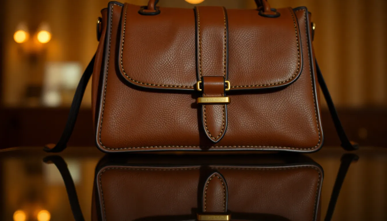 This striking close-up showcases a luxury handbag, emphasizing its exquisite craftsmanship with intricate stitching and a distinctive clasp design. Resting on a reflective glass surface, the warm tungsten lighting brings out the rich textures and details of the material, while creating a sophisticated ambiance. A shallow depth of field isolates the handbag, allowing it to stand out elegantly against a softened background. This image perfectly captures the fusion of luxury and artistry in fashion accessories.