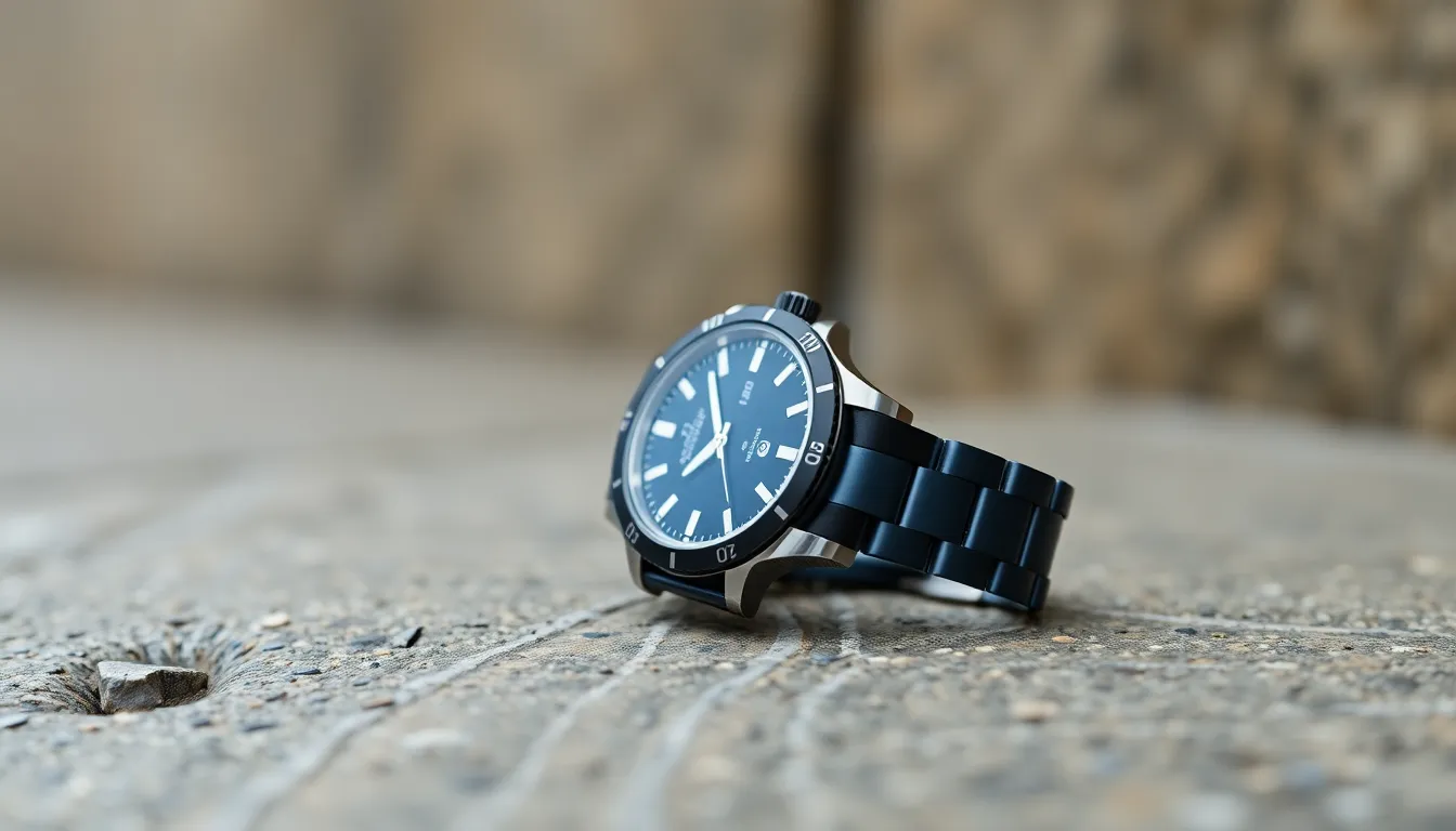 Trendy Watch on Textured Stone Surface This striking image showcases a trendy watch displayed against a raw, textured stone surface, emphasizing its modern elegance. The soft overcast daylight provides even illumination, enhancing the watch's details without harsh shadows. With a shallow depth of field, the background melts into a gentle bokeh, drawing the viewer's focus to the luxurious timepiece. The rich greens and blues of the color palette complement the metallic sheen of the watch, making this image a compelling choice for fashion accessory promotions.