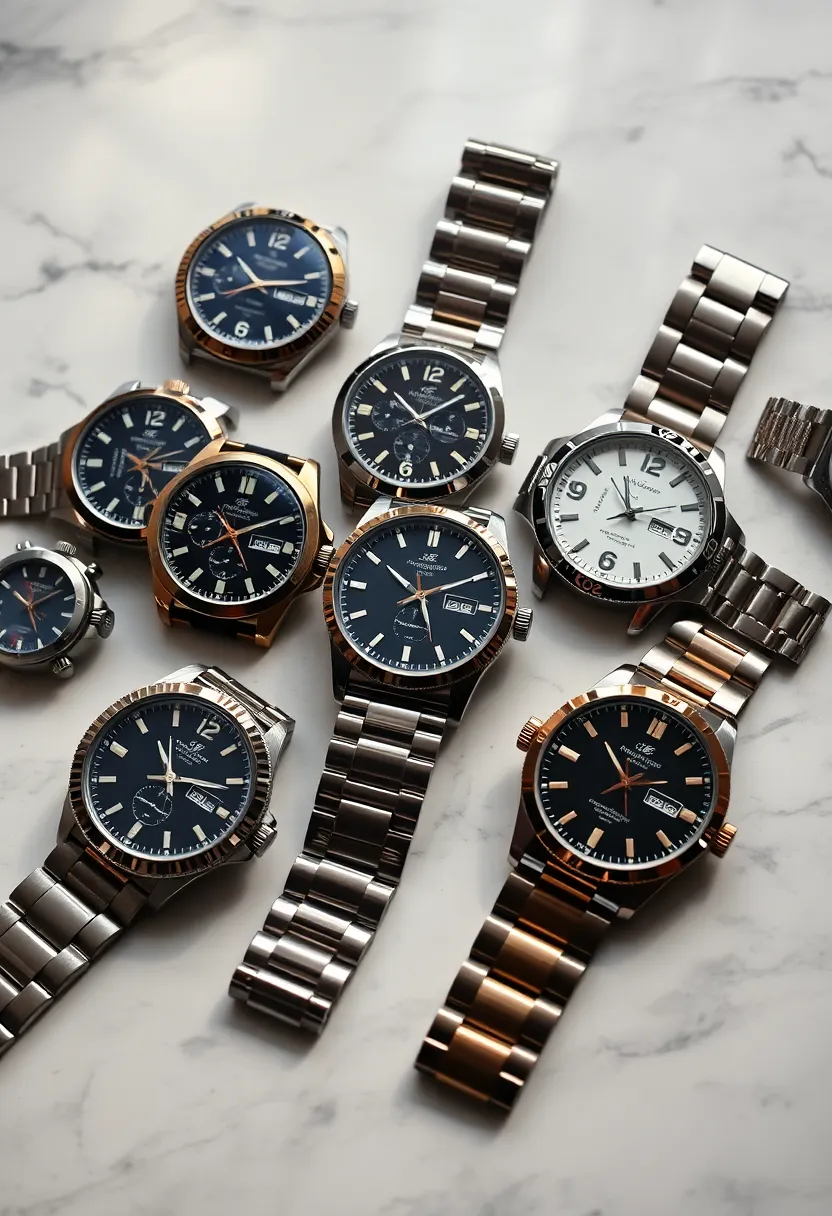 This captivating flat lay image features an exquisite arrangement of luxury watches on a polished marble surface. The soft natural light highlights the intricate details and craftsmanship of each timepiece. The sleek design and elegant materials create a sophisticated ambiance, making it perfect for any fashion or luxury-oriented collection.
