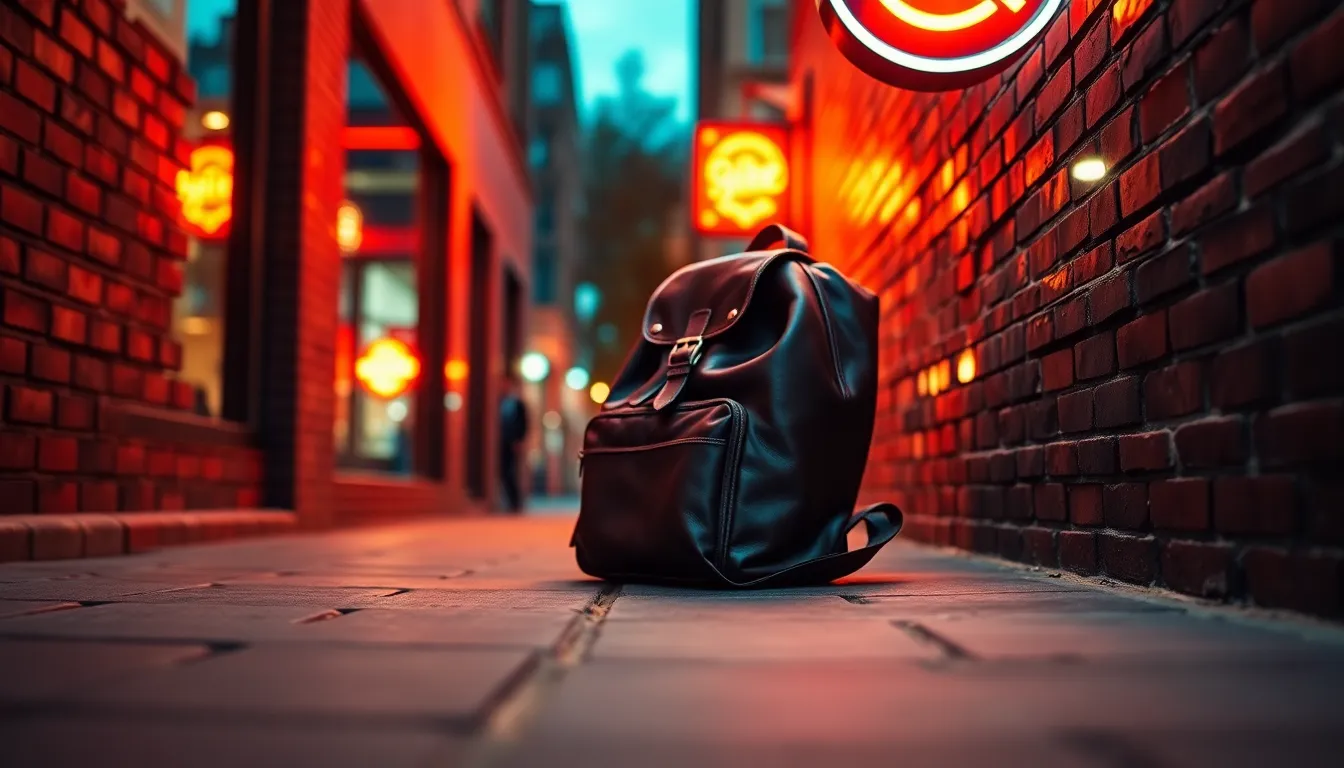 This dynamic urban image features a trendy leather backpack placed against a textured brick wall, illuminated by the glow of surrounding neon signage. The ambiance of evening light enhances the rich colors of the leather, while the Dutch angle adds an exciting element to the composition. The creamy bokeh background highlights the backpack as a stylish accessory within the vibrant cityscape.