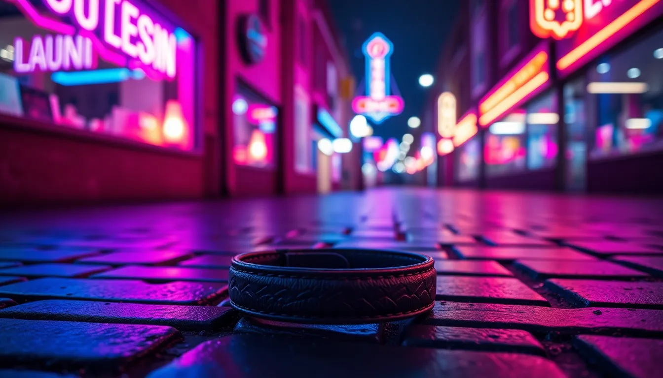 This image captures an edgy leather bracelet lying on a wet pavement, reflecting vibrant neon signage in striking blue and magenta tones. The shallow depth of field creates a dreamy backdrop, while the Dutch angle composition adds an intriguing dynamic to the scene. The bold colors and textures combine to create a visually compelling accessory shot, perfect for contemporary fashion marketing.