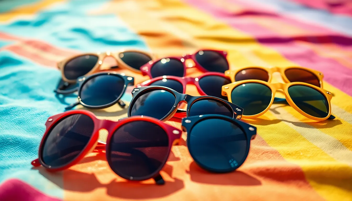 A vibrant and playful array of colorful sunglasses lies on a lively beach towel, capturing the essence of summer. The natural sunlight reflects off the lenses, creating bright highlights that add to the cheerful atmosphere. The shallow depth of field isolates the eyewear while keeping the texture of the towel softly blurred in the background. This image is perfect for summer fashion advertisements and lifestyle branding.