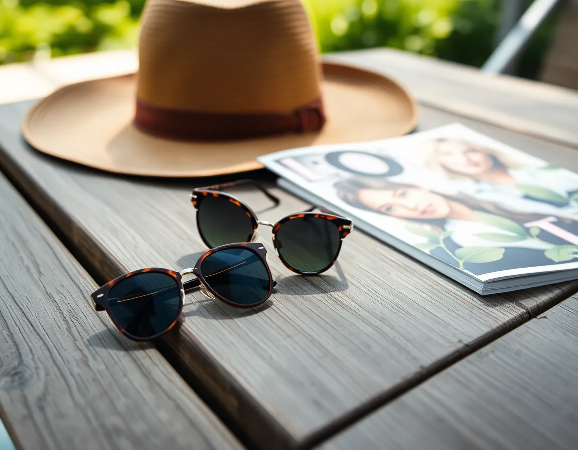 This image features a chic pair of sunglasses artfully placed on a textured wooden table, accompanied by a stylish hat and a botanical print magazine. Soft daylight sets a relaxed and inviting summer ambiance. The shallow depth of field emphasizes the sunglasses while creating a sense of warmth with the table's natural grain.