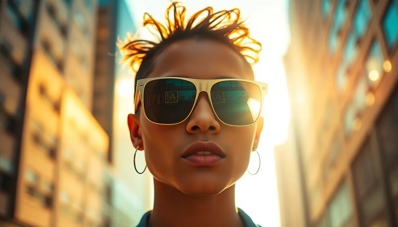 Chic Model in Oversized Sunglasses In this vibrant urban scene, a model poses confidently while wearing stylish oversized sunglasses. The warm glow of golden hour creates a soft halo around her, contrasting beautifully with the cool city background. Captured in rich teal and orange tones, the image radiates energy and modern fashion sensibilities. The composition focuses on the model's striking features while rendering the urban environment elegantly out of focus.