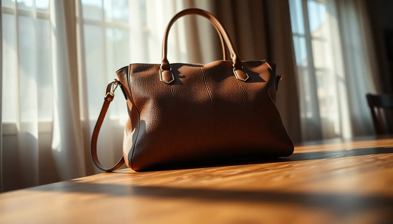 Close-Up of a Crafted Handbag This detailed close-up image captures the elegance of a finely crafted handbag set against a warm wooden table. Natural sunlight creates a soft, inviting atmosphere, highlighting the intricate details of the leather and stitching. The shallow depth of field adds a dreamy quality, while muted earth tones evoke a sense of luxury and comfort. This image is perfect for showcasing high-end fashion accessories.