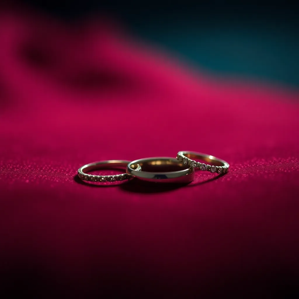 Delve into this close-up image featuring a stunning arrangement of delicate rings displayed on a rich velvet surface. The dramatic Rembrandt lighting accentuates the texture of both the rings and the fabric, enriching the luxurious atmosphere. The shallow depth of field beautifully isolates the rings, allowing their intricate designs to take center stage against a vibrant backdrop of jewel tones.