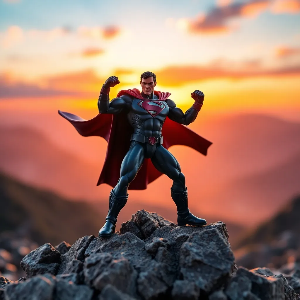 Heroic Superhero Action Figure at Sunset