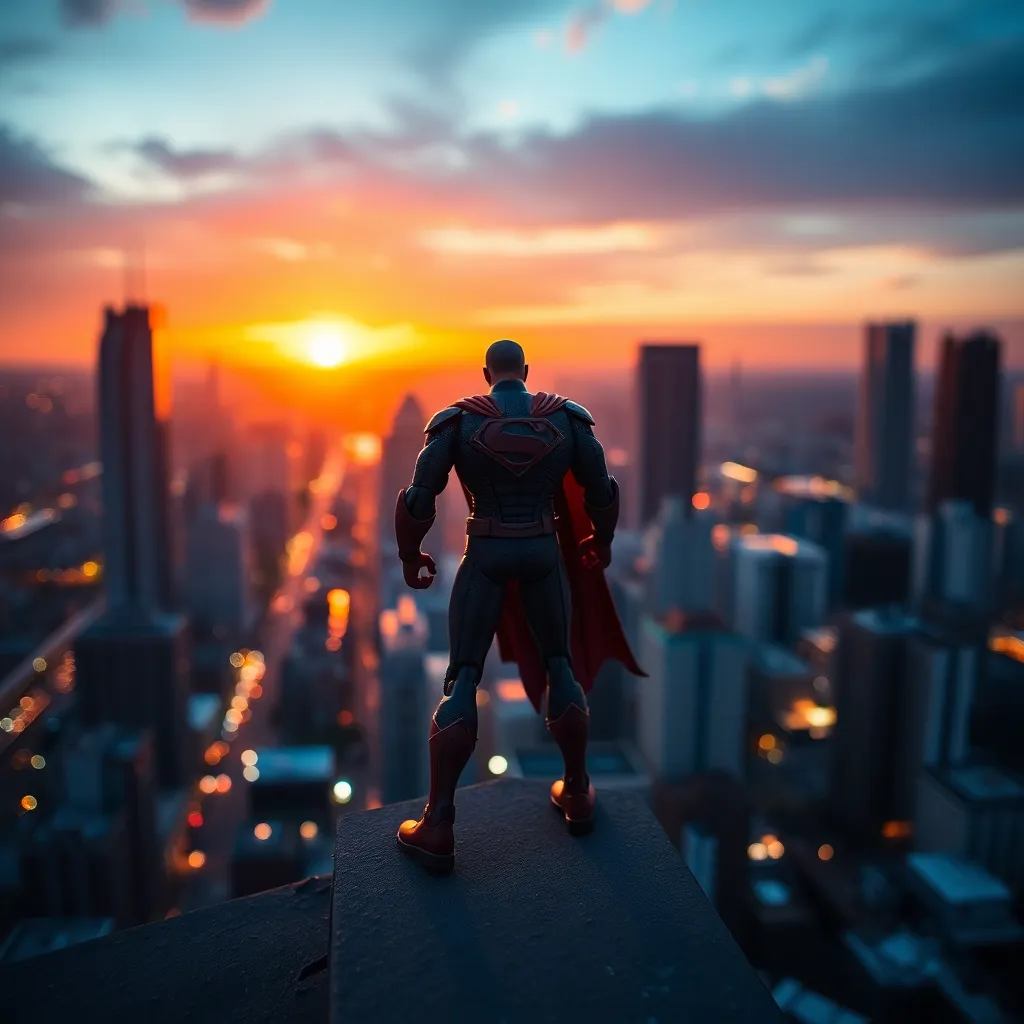 Superhero Action Figure on Rooftop at Dusk