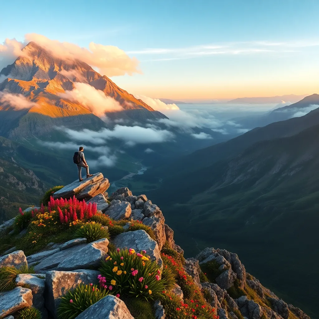 Hiker Overlooking Misty Mountain Valley