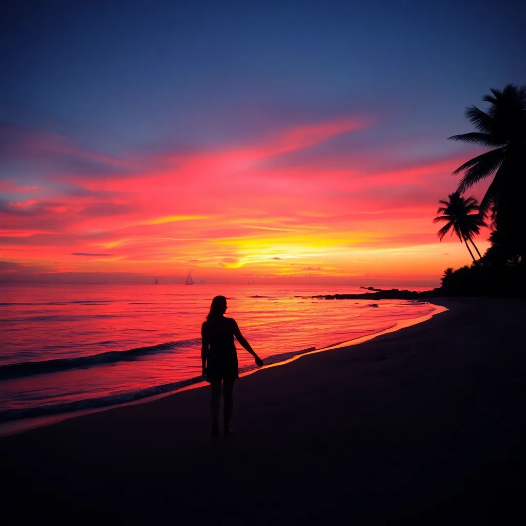 Couple Watching Sunset on Tropical Beach