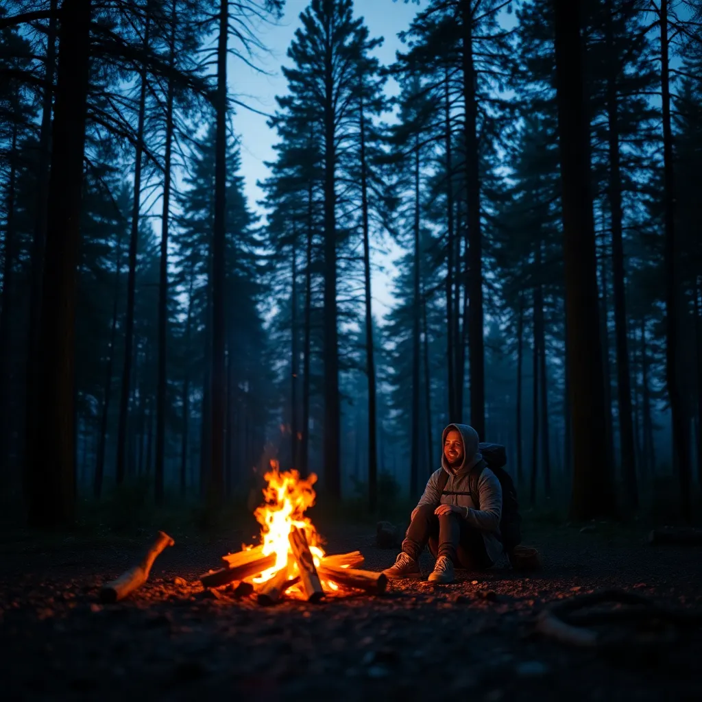 Backpacker by Campfire in Twilight Forest