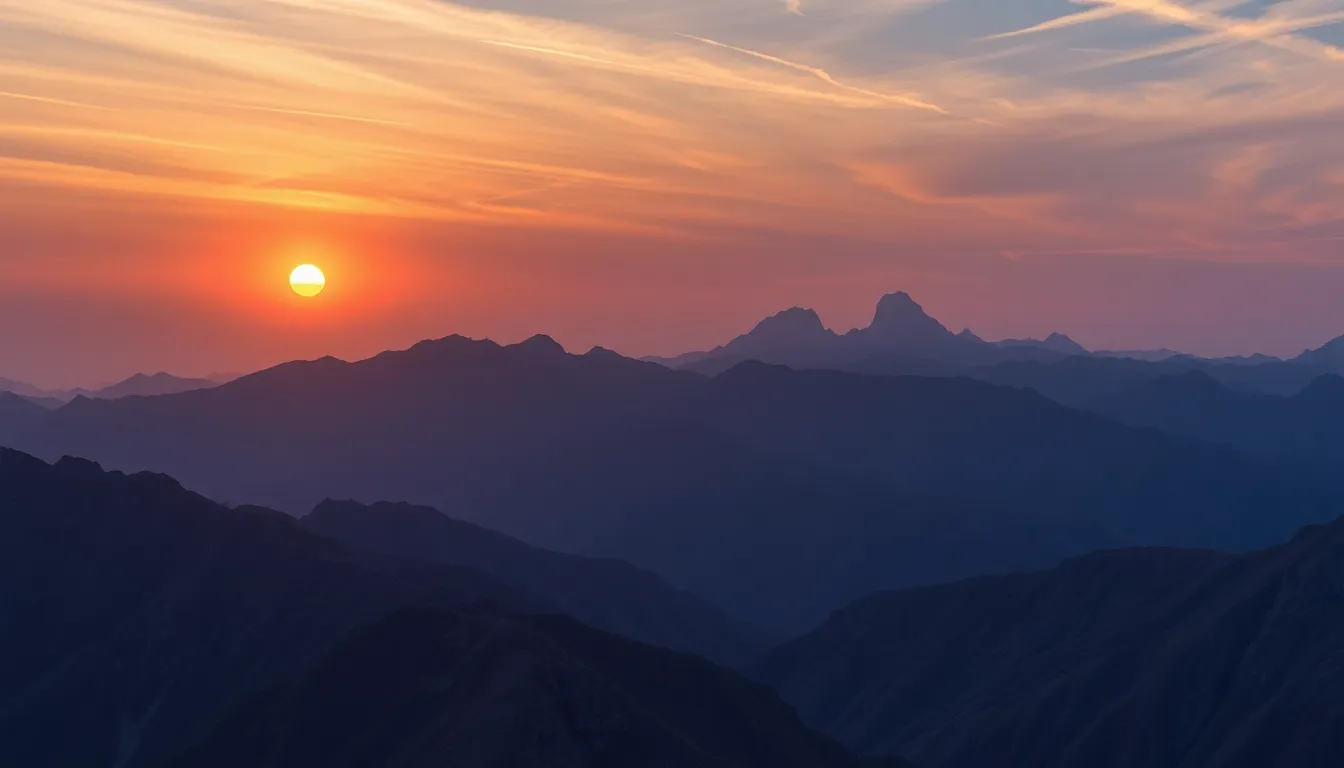 Dramatic Aerial View of Sunset Over Mountains
