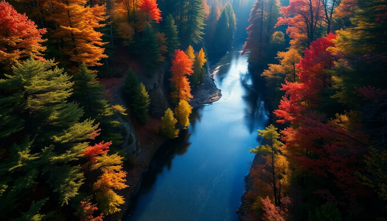 Autumn River Aerial View Through Forest