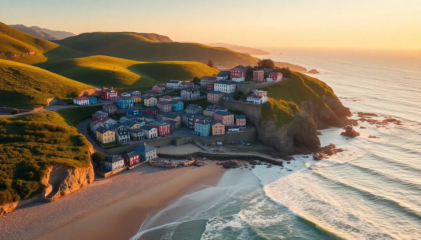 Coastal Village Aerial View at Sunset